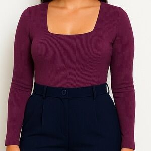 Nine Britton Plum Purple Ribbed Square Neck Long Sleeve Top - Size L
